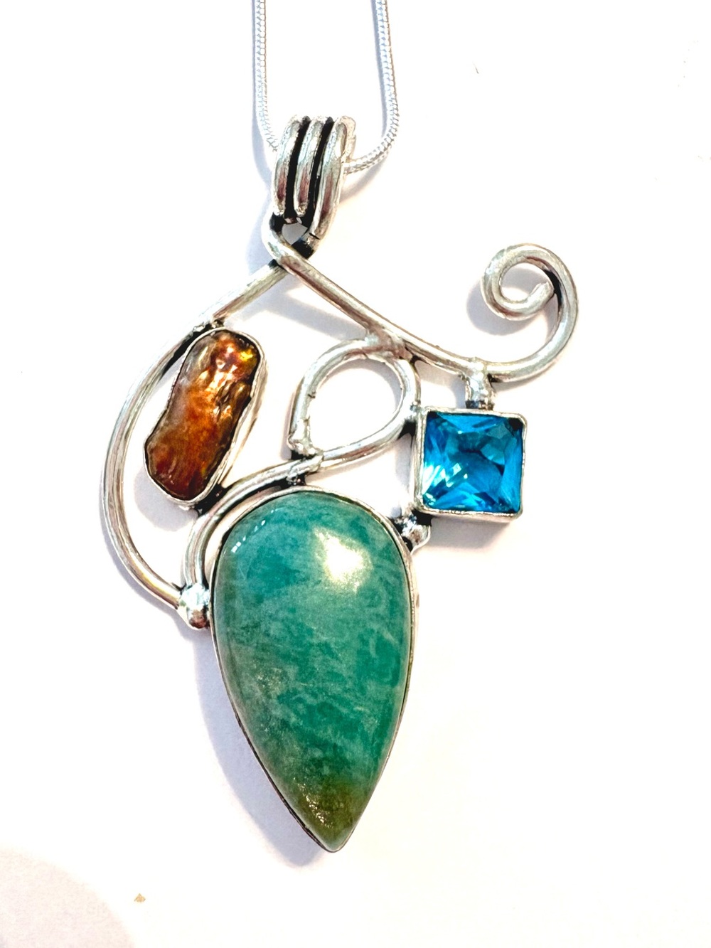 2 1/2 inch, 925 marked, Amazonite, Blue Topaz and Biwa Pearl pendant on a chain